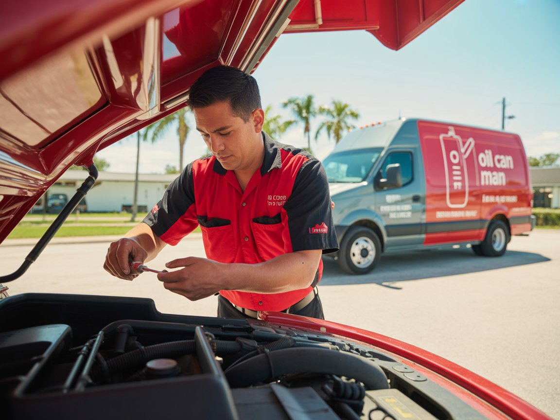 Oil Can Man technician performing fleet fluid maintenance on a commercial vehicle in South Florida