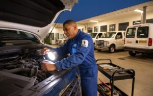 Oil Can Man Technician working on site to repair vehicle night time shift