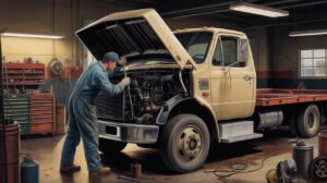 Oil Can Man Technician fixing box truck repair engine work