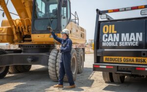 professional mobile mechanic in navy work coveralls servicing heavy construction equipment at an industrial worksite