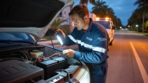 Oil Can Man Fleet expert is checking Battery Failure vehicle at night in florida