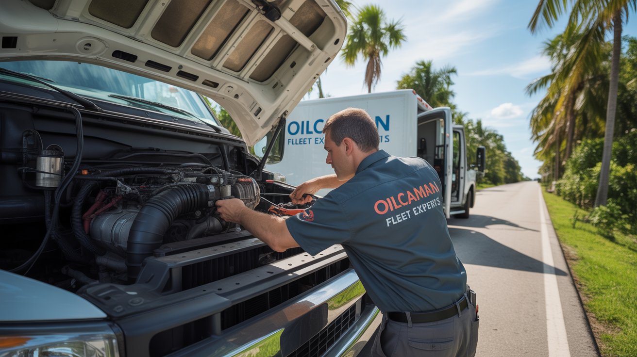 OIlcanman techician is checking truck engine on site