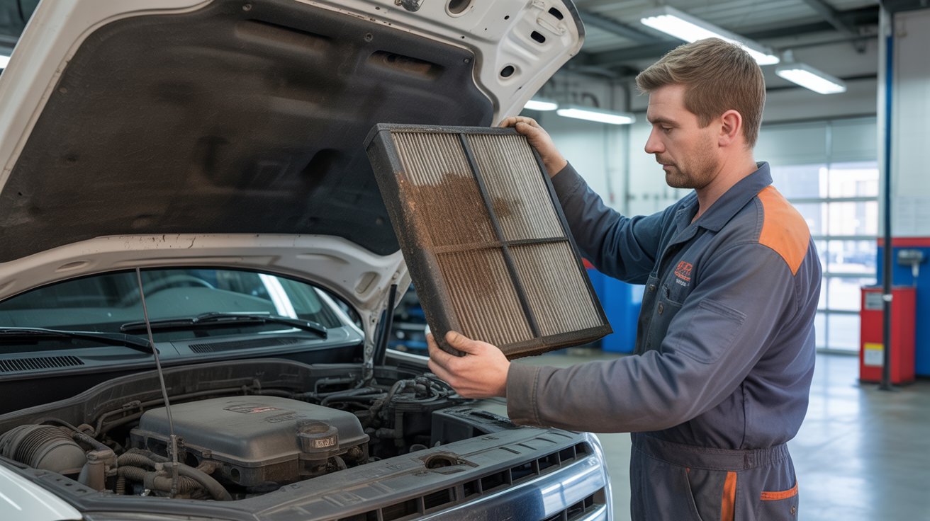 Oil Can Man Technician cheking and Dirty Air Filters