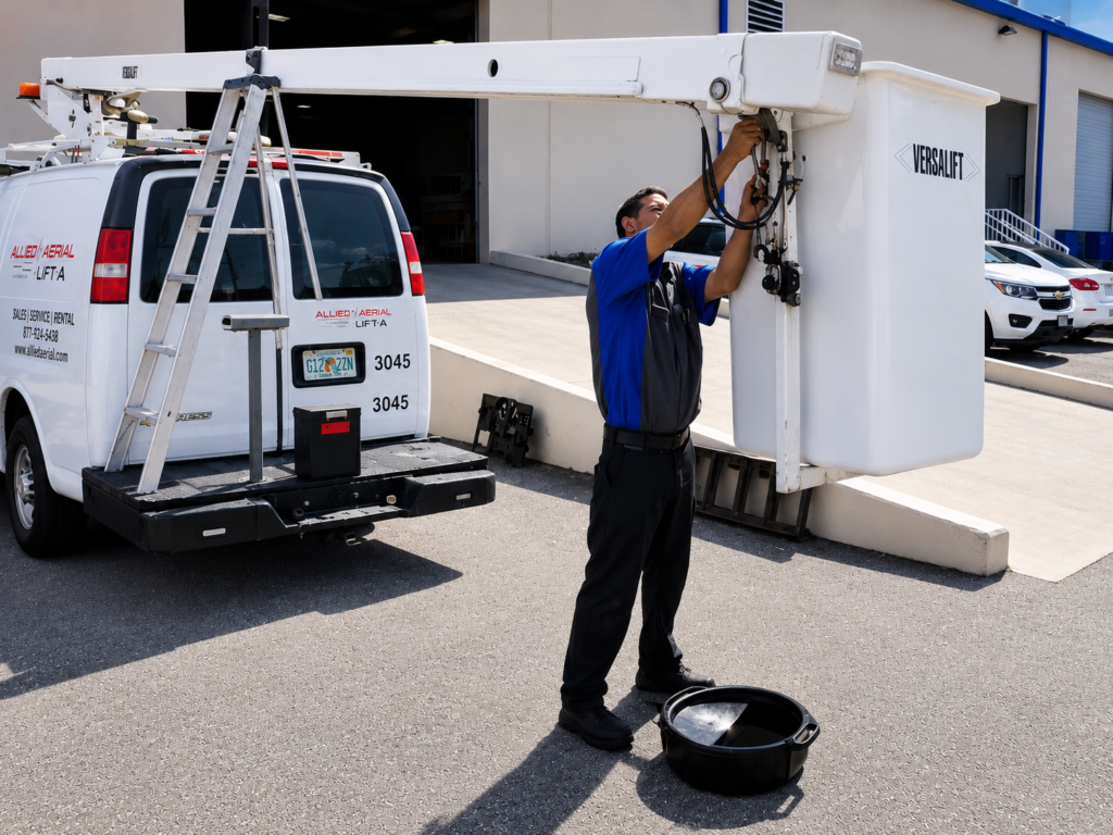 Technician performing hydraulic repair on truck liftgate system outdoors