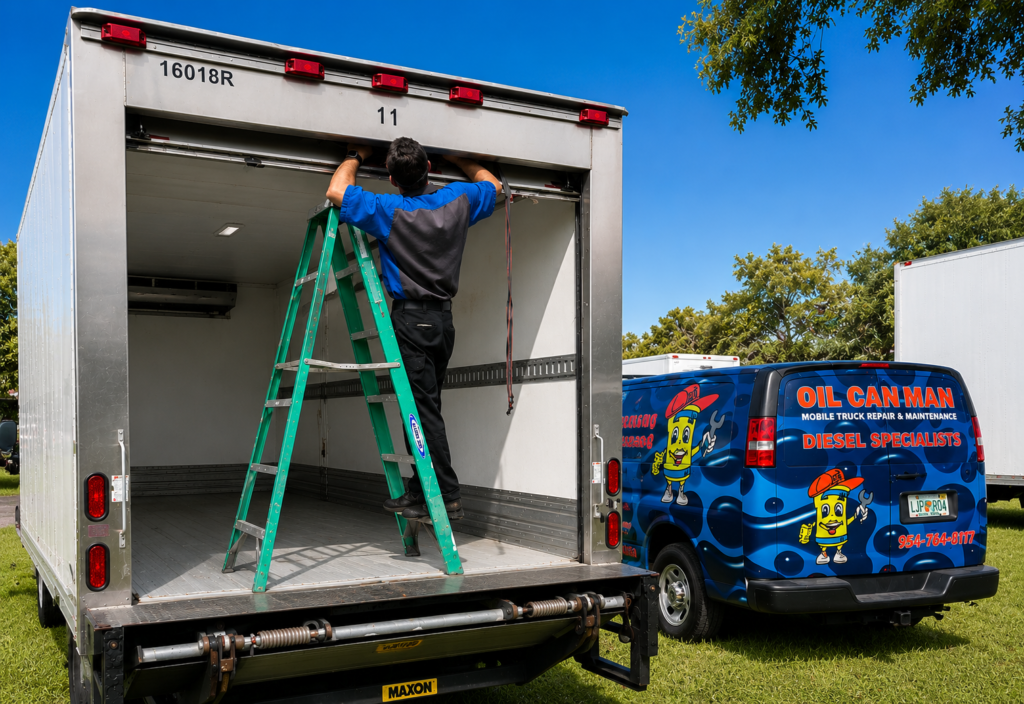 Rear roll-up door repair on box truck with technician performing maintenance
