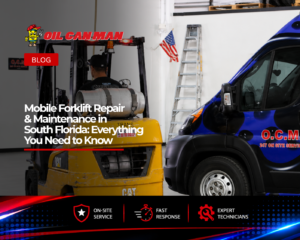 Forklift operator moving equipment inside a clean industrial workshop beside a fully equipped O.C.M. mobile service van. The service vehicle features organized tool storage and on-site repair capabilities, highlighting mobile fleet maintenance, warehouse support, and commercial vehicle service operations.