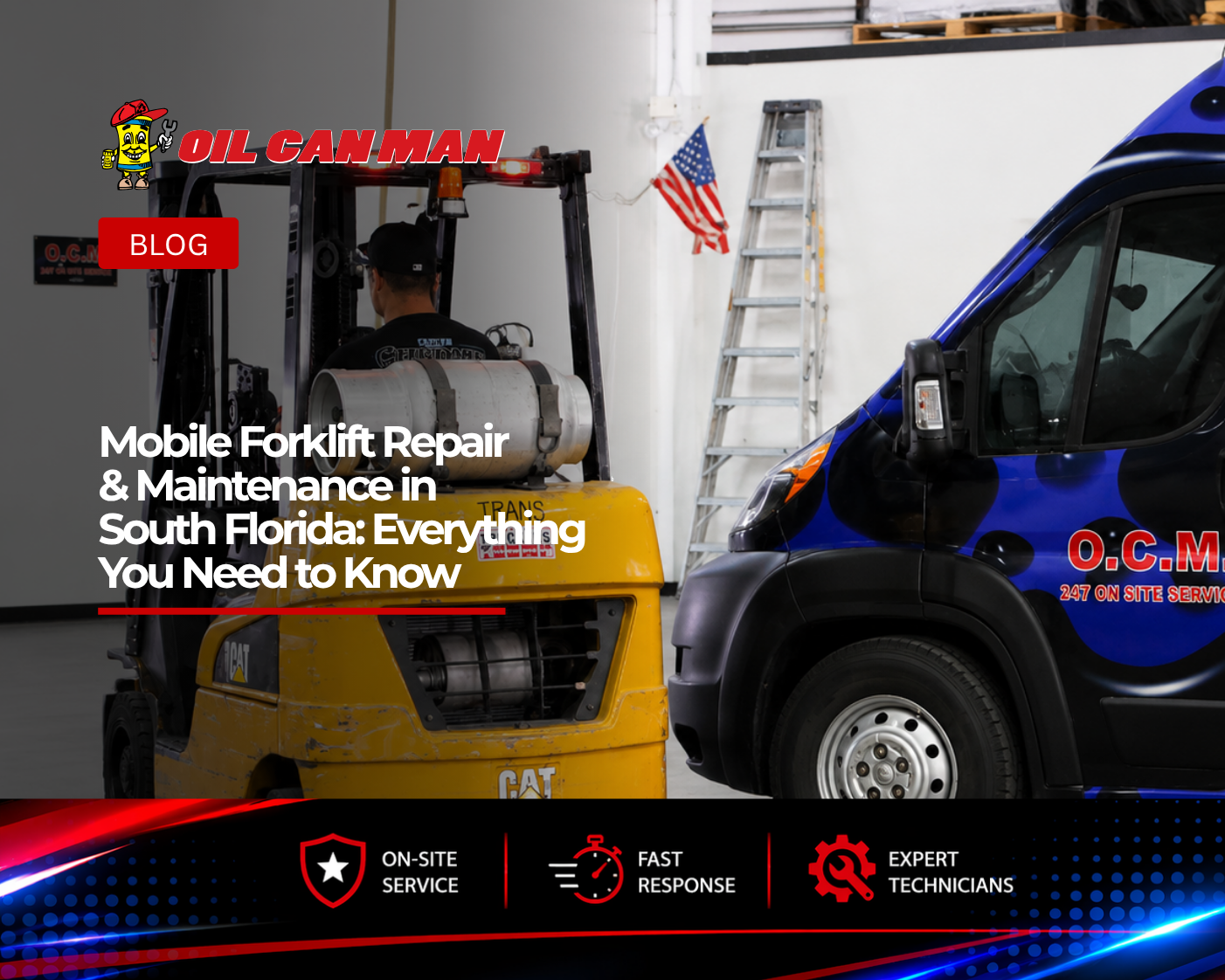Forklift operator moving equipment inside a clean industrial workshop beside a fully equipped O.C.M. mobile service van. The service vehicle features organized tool storage and on-site repair capabilities, highlighting mobile fleet maintenance, warehouse support, and commercial vehicle service operations.