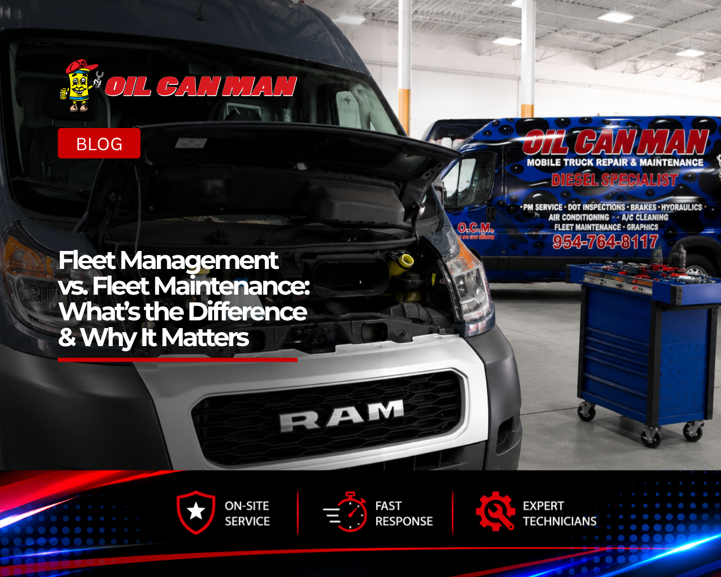 RAM ProMaster service van with its hood open inside a professional fleet maintenance facility. The image shows a clean repair bay with diagnostic equipment, tool carts, and an Oil Can Man mobile truck repair van in the background, highlighting commercial vehicle maintenance, diesel service, and fleet repair operations.