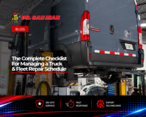 Commercial cargo van elevated on a hydraulic lift inside a professional fleet maintenance facility. The image shows a high-roof service van undergoing inspection and repair in a clean automotive workshop equipped with vehicle lifts, tools, and diagnostic equipment, highlighting commercial fleet maintenance and repair services.