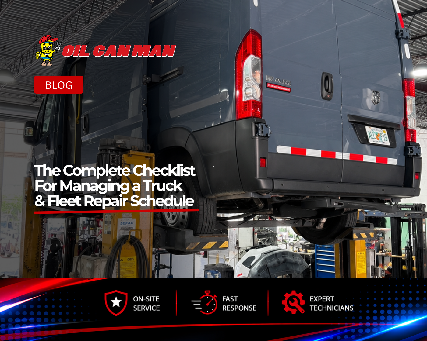 Commercial cargo van elevated on a hydraulic lift inside a professional fleet maintenance facility. The image shows a high-roof service van undergoing inspection and repair in a clean automotive workshop equipped with vehicle lifts, tools, and diagnostic equipment, highlighting commercial fleet maintenance and repair services.