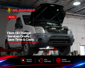 Technician inspecting the undercarriage of a white commercial cargo van elevated on a hydraulic lift inside a professional fleet maintenance facility. The van’s hood is open for diagnostics while the mechanic performs service work beneath the vehicle in a clean, well-equipped automotive repair shop with lifts, tools, and commercial vehicle maintenance equipment.