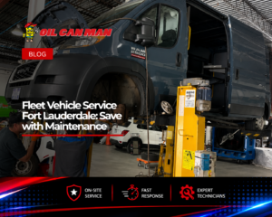 Two fleet maintenance technicians performing repairs on a RAM ProMaster commercial cargo van elevated on a hydraulic lift inside a professional automotive service facility. The image shows the van with its hood open, technicians working on the front suspension and brake components, and a fully equipped workshop with tools, lifts, and service equipment for commercial vehicle maintenance and repair.