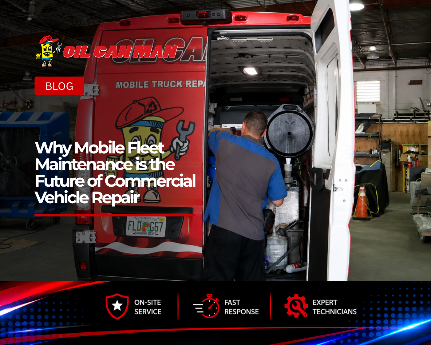 Fleet maintenance technician accessing tools and equipment inside an Oil Can Man mobile service van in a professional repair facility. The organized service vehicle is equipped for on-site truck repair, preventive maintenance, and fleet support, showcasing mobile commercial vehicle service operations in a clean industrial workshop.