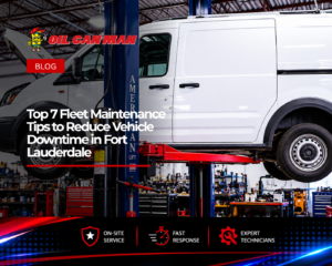 White commercial cargo van elevated on a hydraulic lift inside a professional automotive repair facility. The vehicle’s hood is open for inspection while technicians perform maintenance and diagnostics in a clean workshop equipped with service lifts, tools, and fleet repair equipment, highlighting commercial vehicle maintenance and fleet service operations.