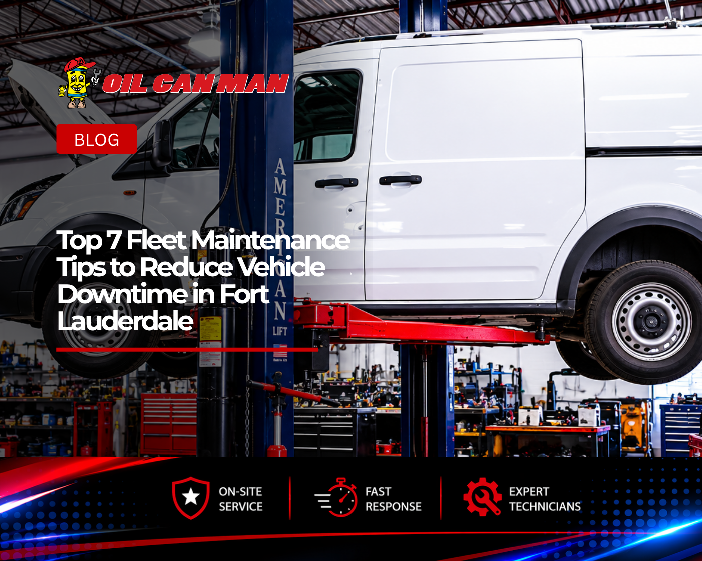 White commercial cargo van elevated on a hydraulic lift inside a professional automotive repair facility. The vehicle’s hood is open for inspection while technicians perform maintenance and diagnostics in a clean workshop equipped with service lifts, tools, and fleet repair equipment, highlighting commercial vehicle maintenance and fleet service operations.
