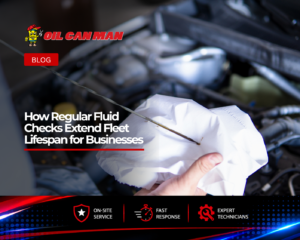 Technician performing a vehicle fluid inspection by checking the oil dipstick over an engine bay. The image highlights the importance of regular fluid checks, preventive maintenance, and routine fleet service to extend vehicle lifespan, improve performance, reduce breakdowns, and lower operating costs for commercial fleets and business vehicles.