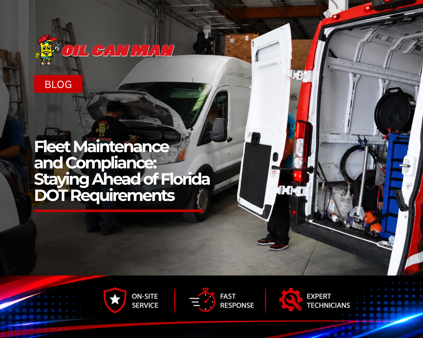 Professional fleet maintenance technicians servicing commercial vans inside a clean repair facility. A mobile service van with organized tools is parked beside multiple work vehicles while mechanics perform engine diagnostics and preventive maintenance. The image highlights commercial fleet repair, mobile truck service, and proactive vehicle maintenance for business fleets.