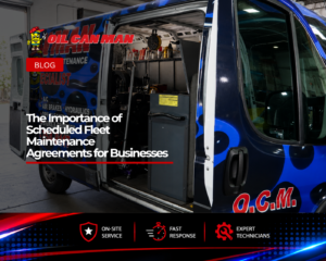 Fully equipped Oil Can Man mobile service van parked inside a professional repair facility with the side door open, showcasing organized tools, maintenance equipment, and service supplies. The image highlights mobile truck repair, on-site fleet maintenance, diesel diagnostics, hydraulic services, air brake repair, and preventative maintenance solutions for commercial vehicles and fleet operations.