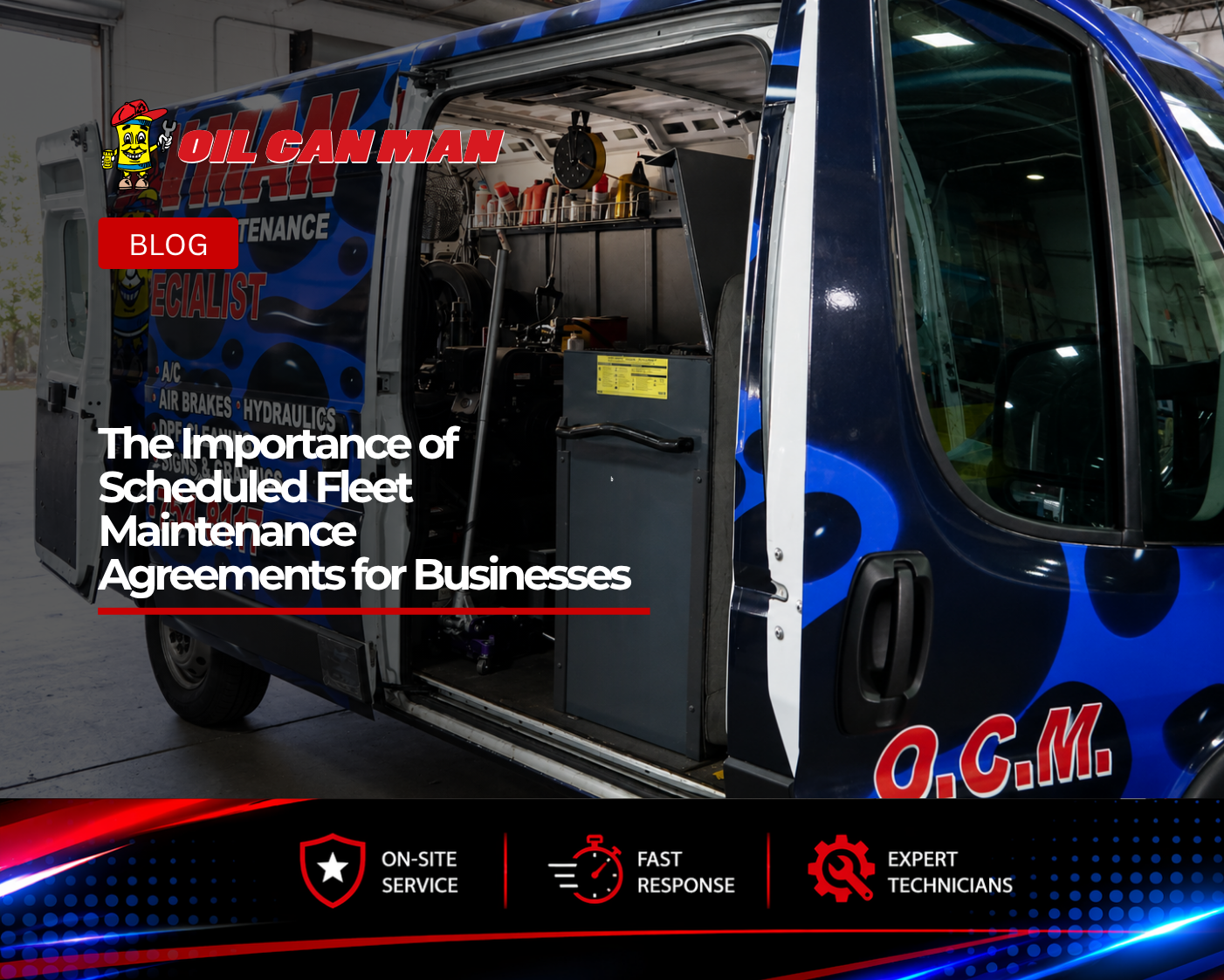 Fully equipped Oil Can Man mobile service van parked inside a professional repair facility with the side door open, showcasing organized tools, maintenance equipment, and service supplies. The image highlights mobile truck repair, on-site fleet maintenance, diesel diagnostics, hydraulic services, air brake repair, and preventative maintenance solutions for commercial vehicles and fleet operations.
