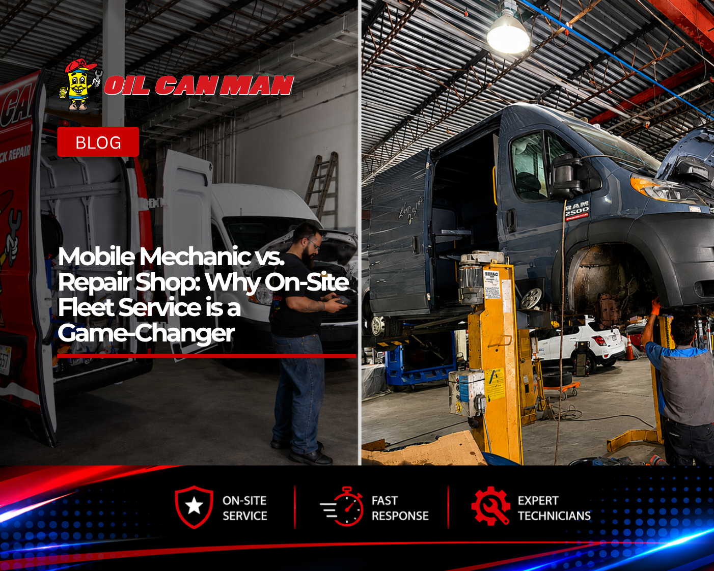 Split-screen comparison of a professional commercial vehicle repair facility, featuring a fully equipped mobile truck repair service van on the left and a heavy-duty RAM ProMaster cargo van undergoing maintenance on a hydraulic lift on the right. The image highlights fleet service capabilities, mobile repair readiness, skilled technicians, and a clean industrial workshop environment.