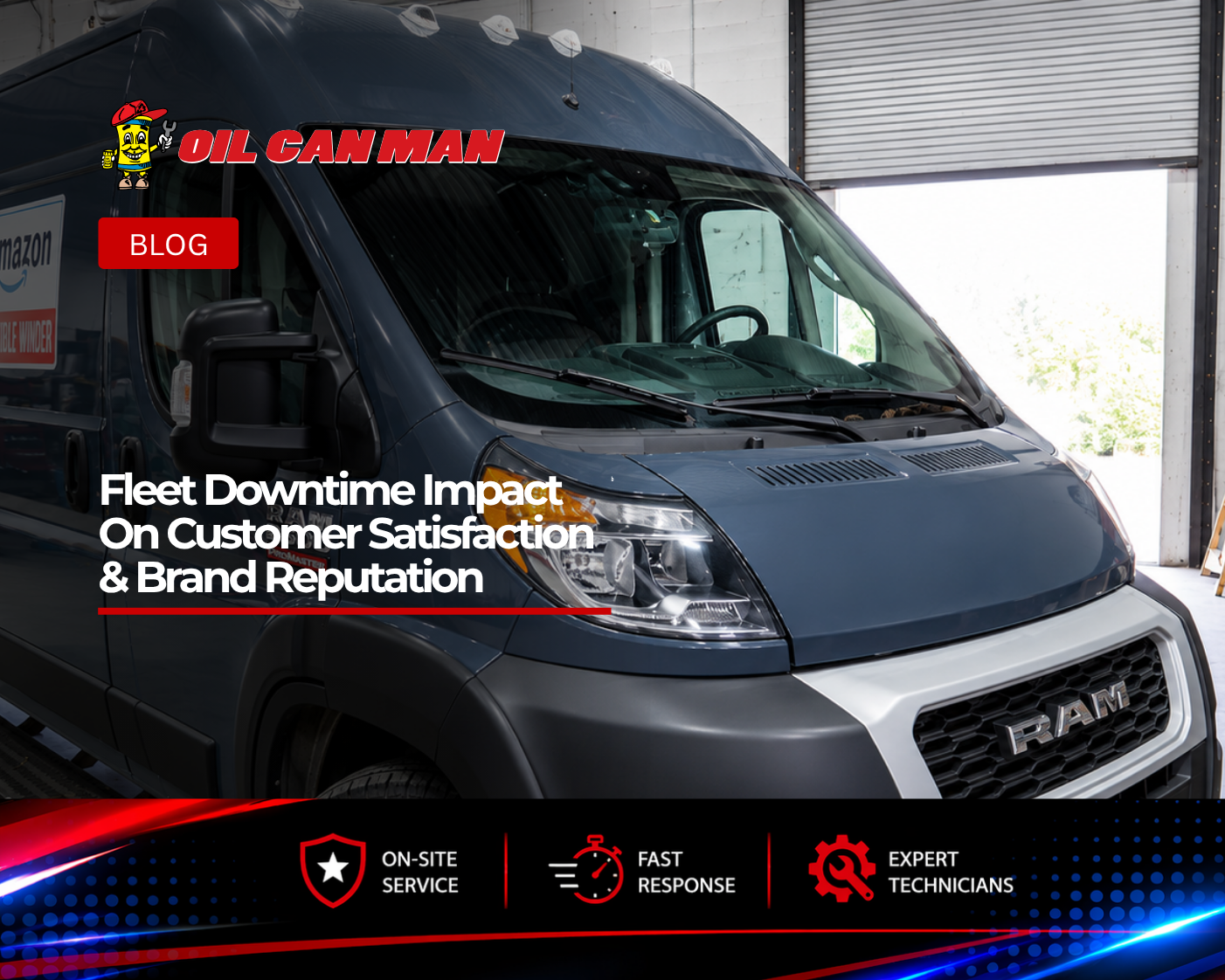 Dark gray RAM ProMaster delivery van parked inside a professional commercial vehicle repair shop, featuring Amazon delivery branding on the side. The vehicle is shown in a clean service bay with organized tire storage, maintenance equipment, and workshop tools in the background, highlighting fleet maintenance and commercial vehicle repair services.