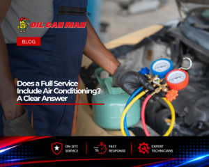 Automotive technician performing vehicle air conditioning service using refrigerant gauges and HVAC diagnostic equipment under the hood of a car. The image highlights professional AC maintenance, refrigerant charging, and vehicle climate control system inspection in a repair shop setting.