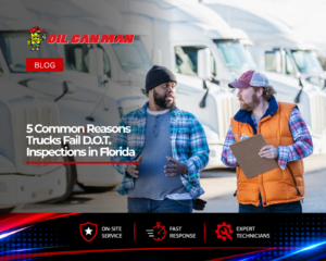 Two commercial truck fleet operators discuss DOT inspection requirements in a parking area lined with semi-trucks. One holds a clipboard while reviewing inspection details, illustrating common reasons trucks fail DOT inspections in Florida and the importance of fleet compliance, safety checks, and preventative maintenance.
