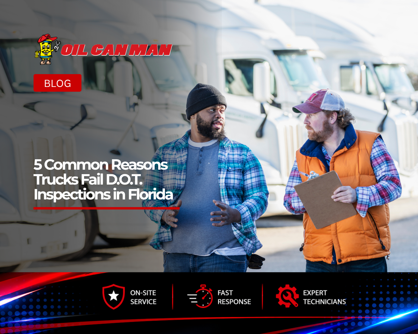 Two commercial truck fleet operators discuss DOT inspection requirements in a parking area lined with semi-trucks. One holds a clipboard while reviewing inspection details, illustrating common reasons trucks fail DOT inspections in Florida and the importance of fleet compliance, safety checks, and preventative maintenance.
