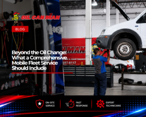 Commercial fleet maintenance workshop featuring a fully equipped mobile service van with organized tools and diagnostic equipment, while a technician performs repairs on a white cargo van elevated on a hydraulic lift. The clean professional garage environment highlights fleet repair, preventive maintenance, and mobile truck service operations.