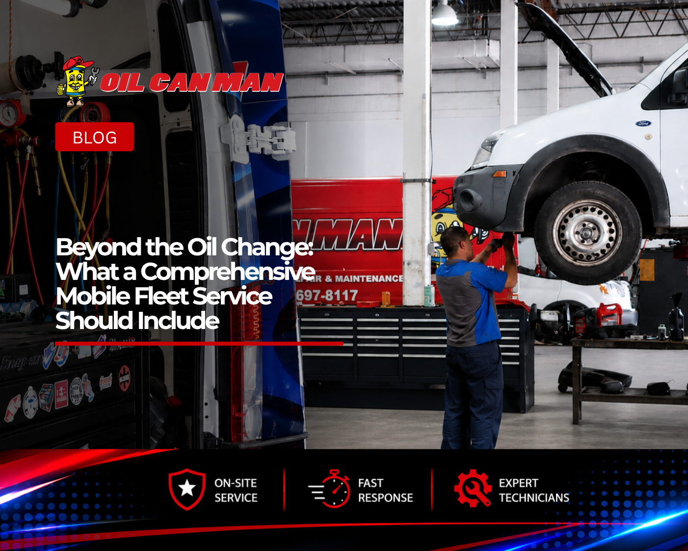 Commercial fleet maintenance workshop featuring a fully equipped mobile service van with organized tools and diagnostic equipment, while a technician performs repairs on a white cargo van elevated on a hydraulic lift. The clean professional garage environment highlights fleet repair, preventive maintenance, and mobile truck service operations.