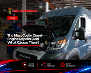 RAM ProMaster high-roof cargo van undergoing maintenance inside a professional commercial vehicle repair shop, with the hood open for inspection and diagnostic service by fleet maintenance technicians.