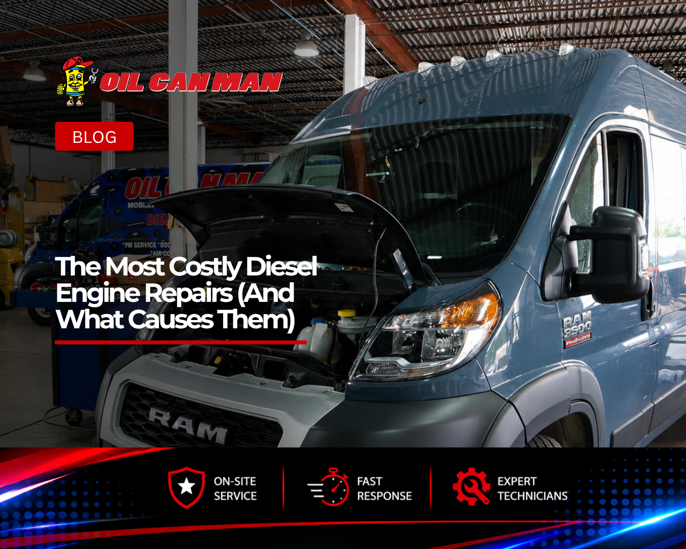 RAM ProMaster high-roof cargo van undergoing maintenance inside a professional commercial vehicle repair shop, with the hood open for inspection and diagnostic service by fleet maintenance technicians.
