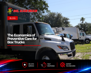 Oil Can Man blog banner featuring a commercial box truck fleet parked outdoors, highlighting the economic benefits of preventive maintenance for box trucks, including reduced repair costs, improved reliability, and extended vehicle lifespan.
