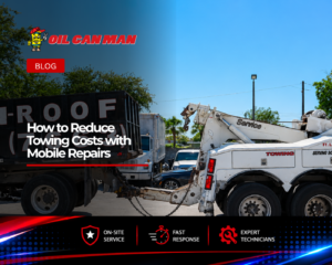 Heavy-duty tow truck towing a commercial roll-off container truck in an industrial fleet yard, showcasing professional roadside recovery, fleet support services, and commercial vehicle towing operations under clear daytime conditions.