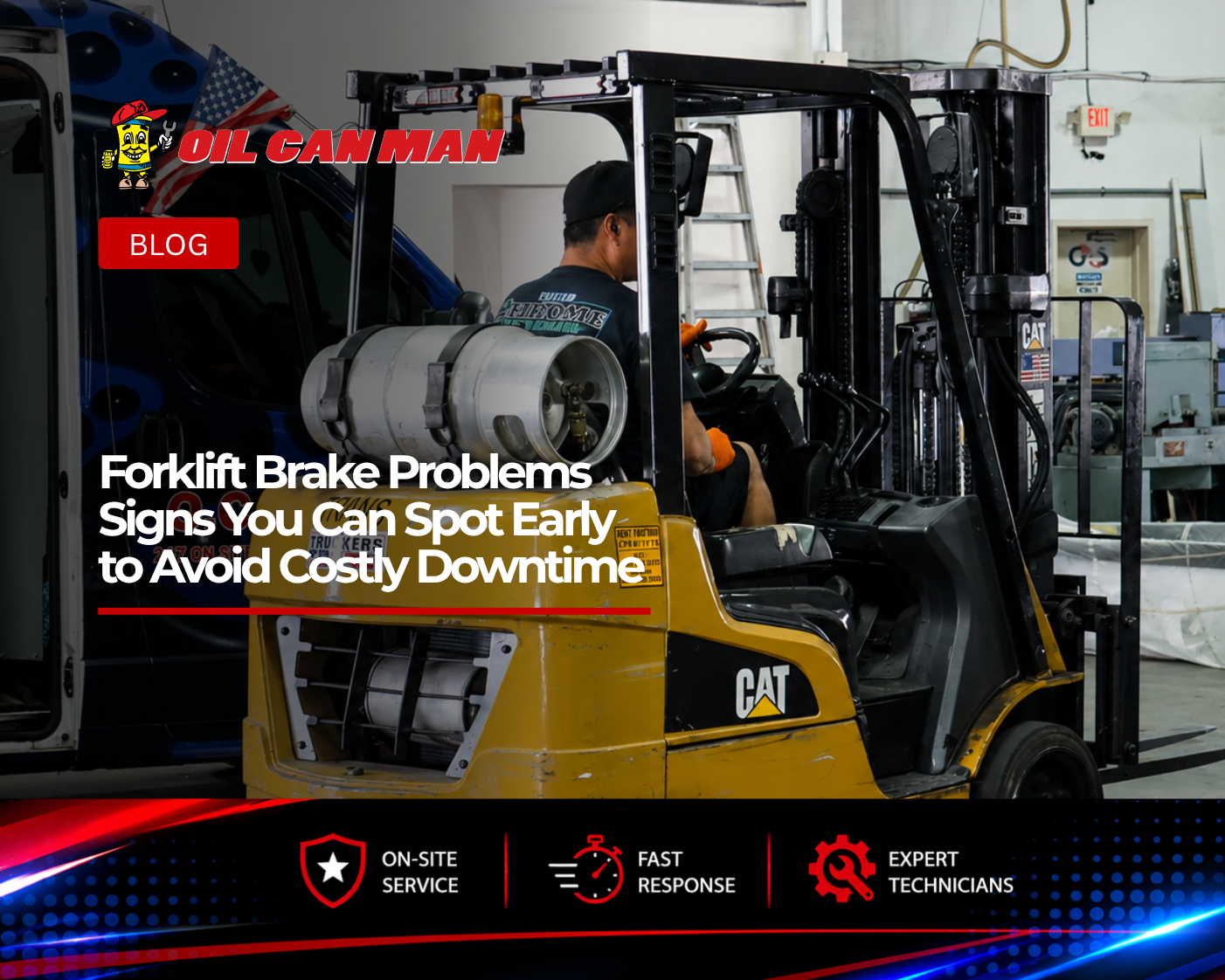 A yellow CAT forklift operates inside a commercial vehicle maintenance facility, with a technician seated at the controls. In the background, a branded Oil Can Man service van, workshop equipment, ladders, and industrial machinery are visible, highlighting an active fleet maintenance environment. The indoor garage is brightly lit and organized, showcasing professional repair and logistics operations.