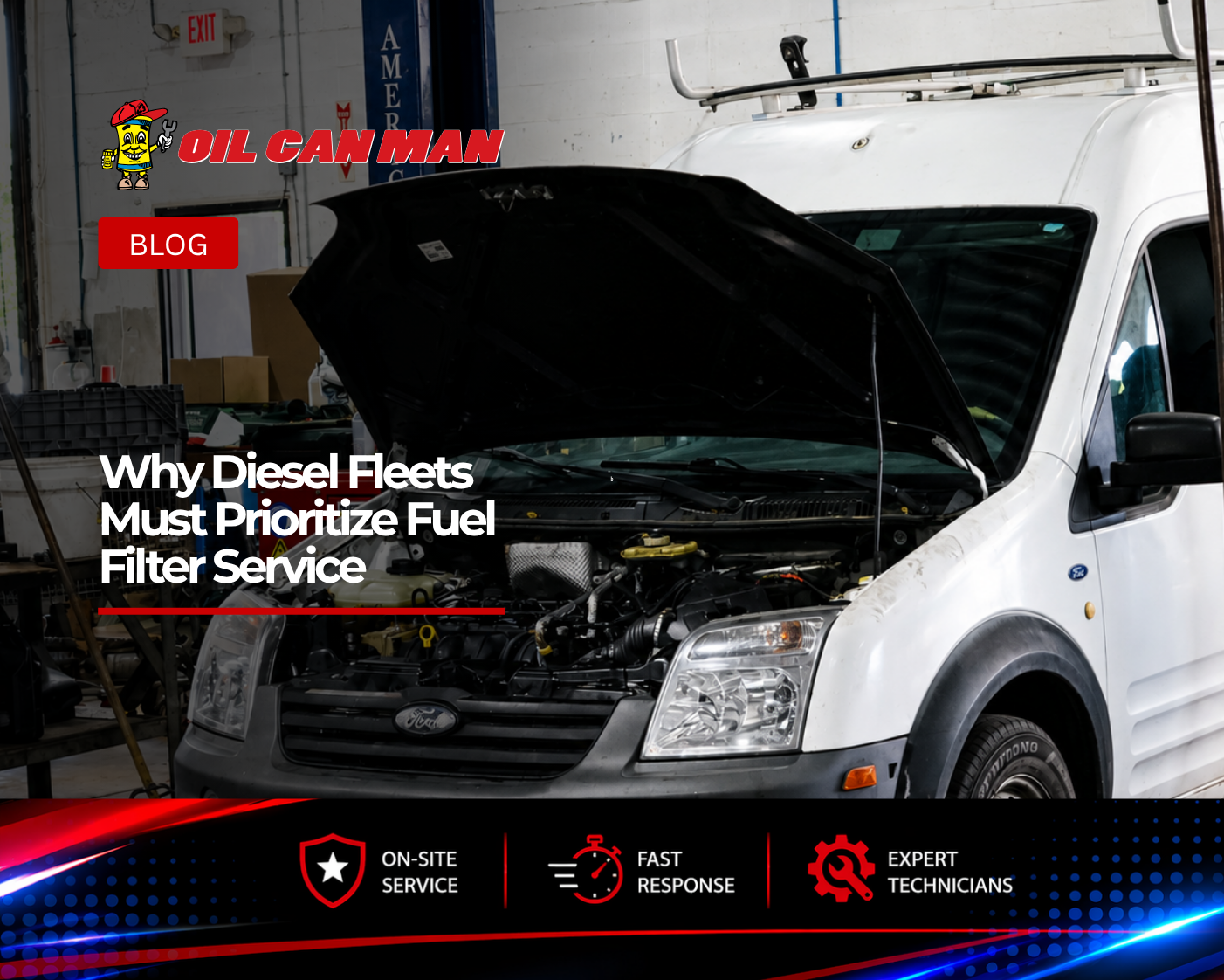 White Ford Transit cargo van undergoing maintenance inside a professional automotive repair shop. The vehicle’s hood is open, exposing the engine bay while a technician works nearby. Tools, equipment, and service supplies surround the workspace, highlighting a commercial fleet maintenance and repair environment.