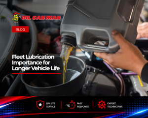Motor oil being poured into a vehicle engine through a funnel during routine fleet maintenance service. The close-up image highlights proper lubrication practices that help reduce engine wear, improve performance, and extend the lifespan of commercial fleet vehicles. Branded Oil Can Man blog graphic emphasizes preventive maintenance and professional fleet service.