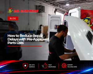 Two fleet maintenance technicians performing diagnostics and engine repairs on commercial service vans inside a professional repair facility, with open hoods, mobile service vehicles, and workshop equipment visible throughout the fleet maintenance shop.