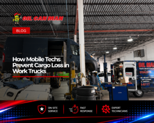 Commercial fleet upfitting and maintenance facility featuring a service van elevated on hydraulic lifts, technicians working on vehicle installations and repairs, stacked tires, workshop equipment, and branded mobile fleet service vehicles inside a professional industrial garage.