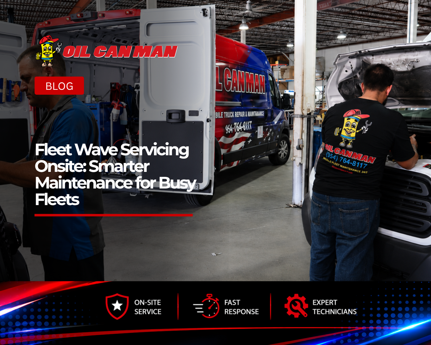 Technicians perform diagnostic and maintenance work on two commercial fleet vans inside a professional repair facility, with an Oil Can Man mobile service van parked in the background and vehicle hoods open for inspection.