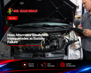 Technician performing a digital vehicle diagnostic inspection on a service van with the hood open inside a professional fleet maintenance and repair facility.