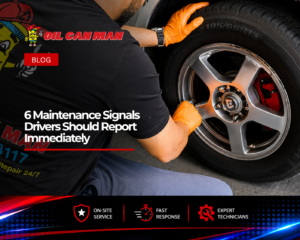 Technician wearing safety gloves performing a tire and wheel inspection on a vehicle, checking lug nuts and wheel components as part of professional fleet maintenance service.