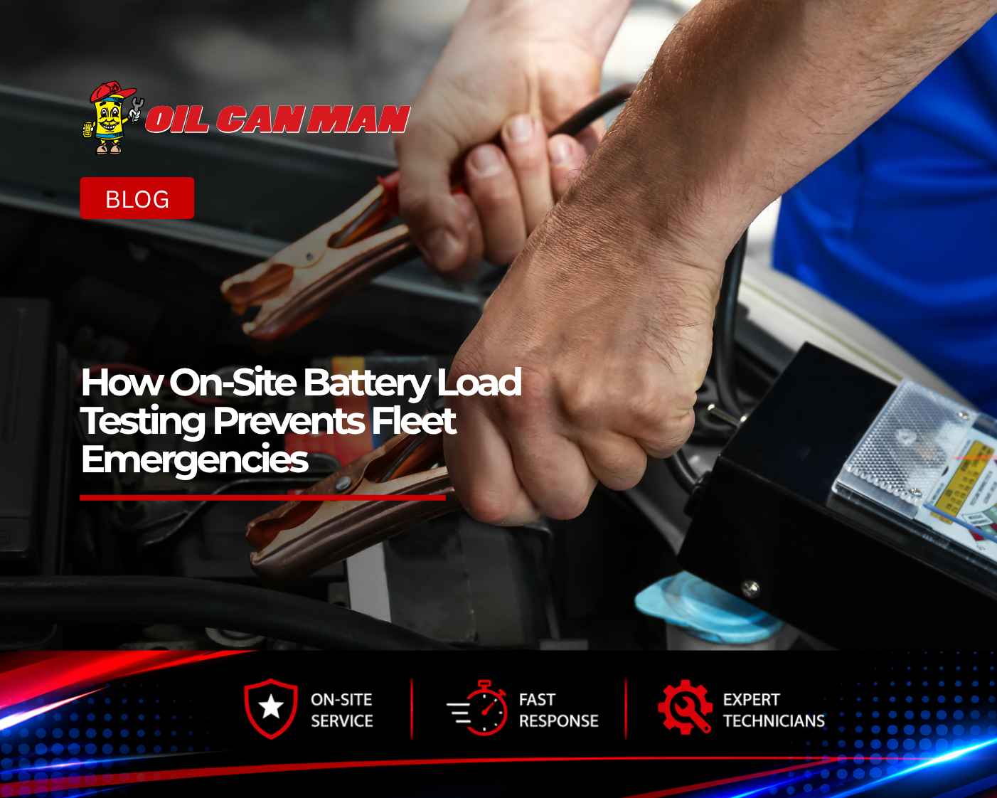 Technician performing on-site battery load testing using diagnostic equipment and battery clamps to evaluate vehicle battery health and prevent unexpected fleet breakdowns.