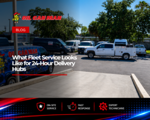 Fleet service vehicles and commercial trucks parked at a professional maintenance facility, showcasing mobile fleet repair operations and vehicle service readiness in a clean outdoor lot.