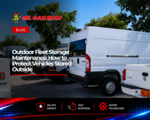 Commercial fleet vehicles and service vans parked in a maintenance facility lot, showcasing fleet management, vehicle storage, and mobile fleet service operations under clear daylight conditions.