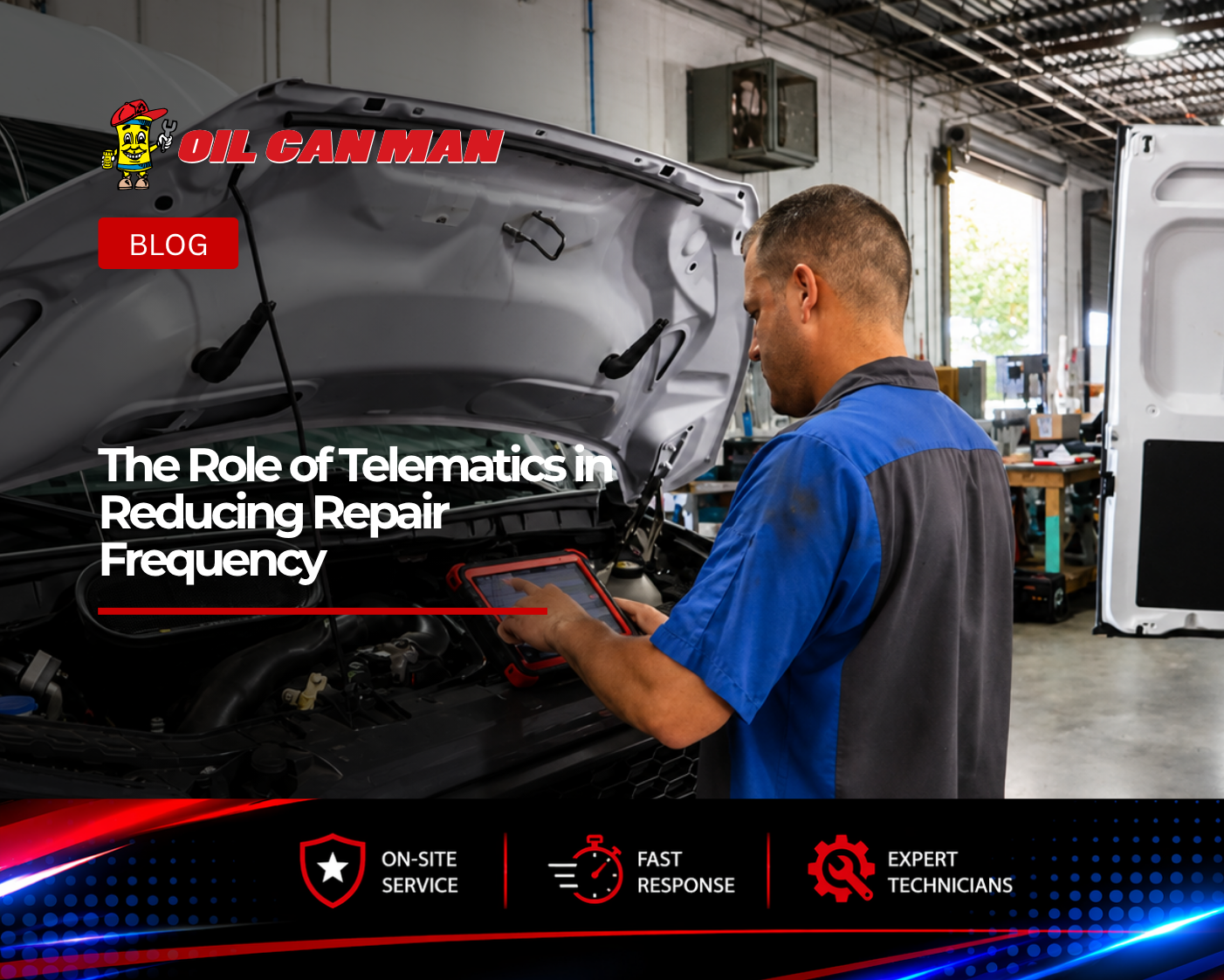 Fleet maintenance technician using a diagnostic tablet to inspect a commercial service van engine inside a professional repair facility, with mobile fleet service vehicles and workshop equipment visible in the background.