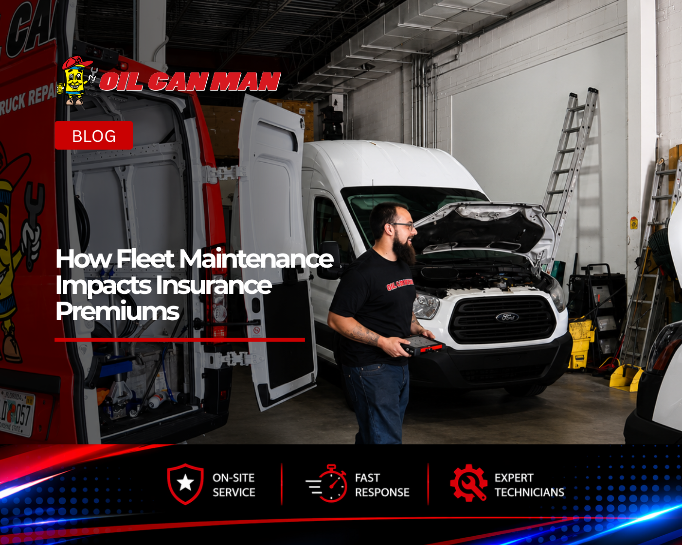 Mobile truck repair technician performing diagnostics inside a commercial fleet maintenance shop, with multiple service vans under repair and a branded mobile service vehicle parked in the workspace.