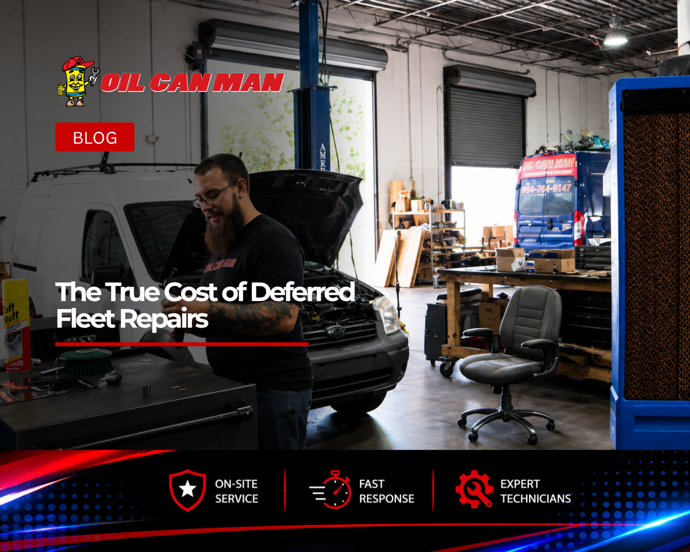 Fleet maintenance technician working inside a commercial vehicle repair shop, preparing tools beside a service van with the hood open, surrounded by diagnostic equipment, workstations, and fleet repair vehicles.