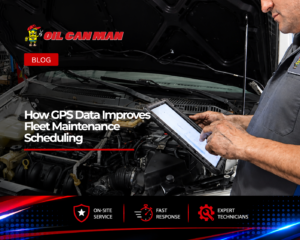 Fleet maintenance technician using a diagnostic tablet to inspect a commercial service van engine, performing computerized vehicle diagnostics inside a professional fleet repair and maintenance facility.