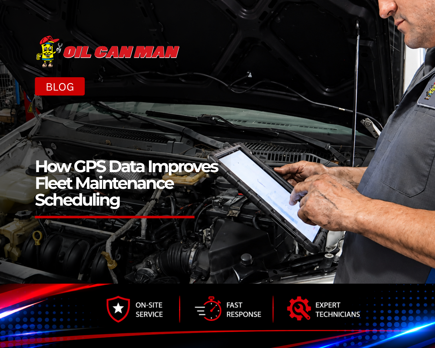 Fleet maintenance technician using a diagnostic tablet to inspect a commercial service van engine, performing computerized vehicle diagnostics inside a professional fleet repair and maintenance facility.